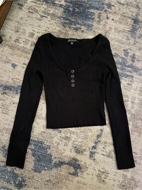 Kendall & Kylie Black Ribbed Long Sleeve Scoop Neck Top